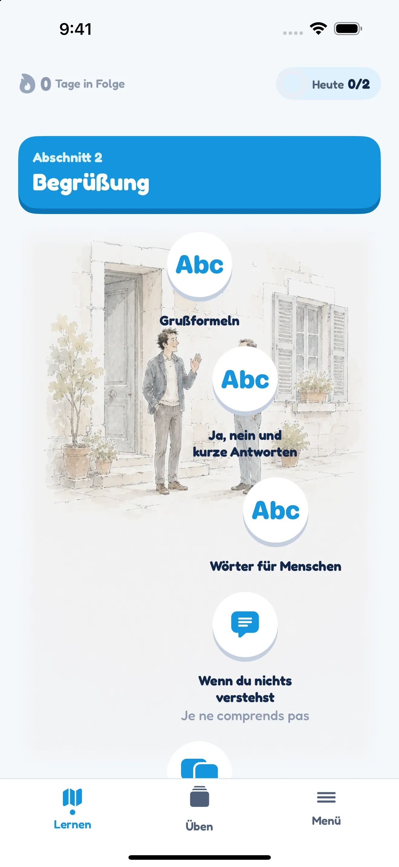 Der Startbildschirm der App: der Abschnitt Begrüßung mit seinen Lektionen über einer Straßenszene in Aquarell