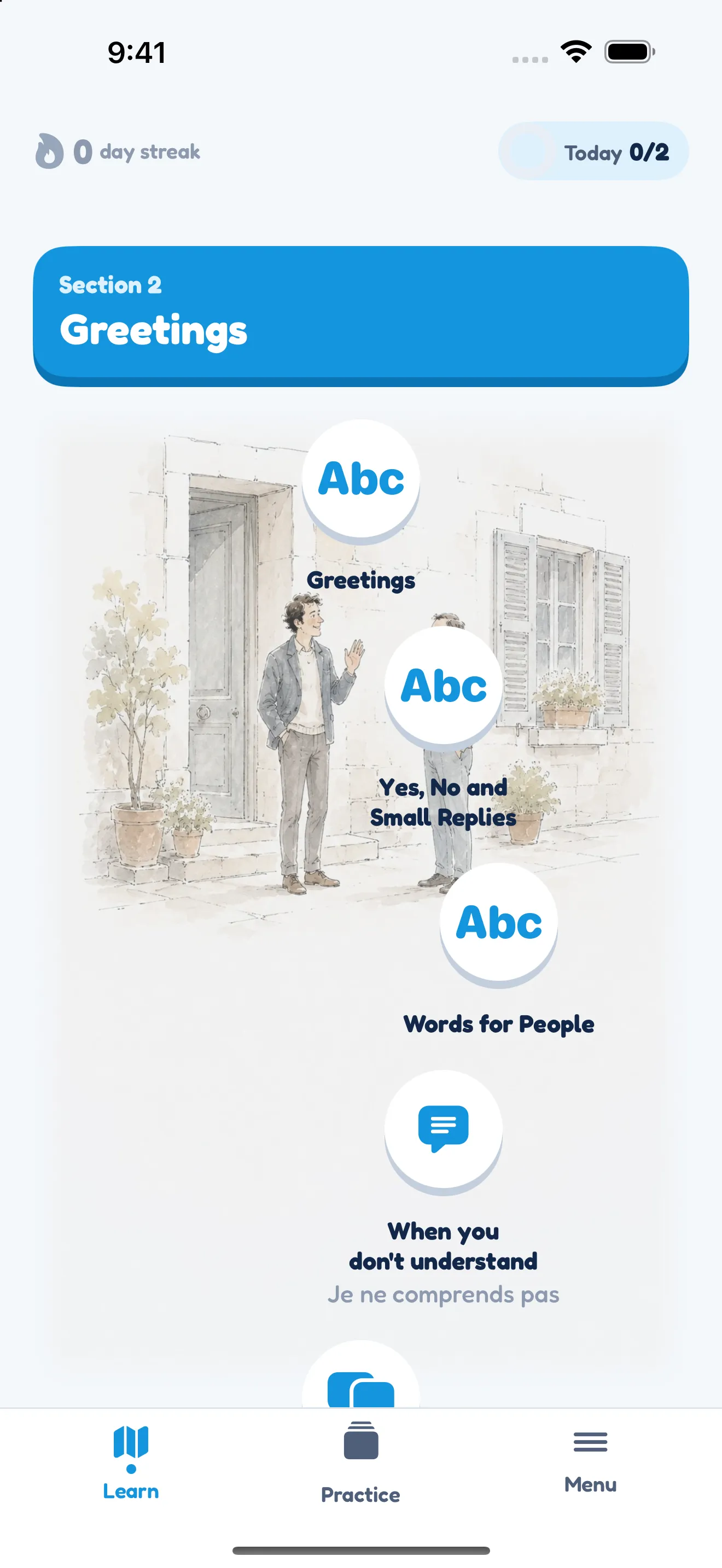 The app’s home screen: the Greetings section, with lessons laid out over a watercolor street scene