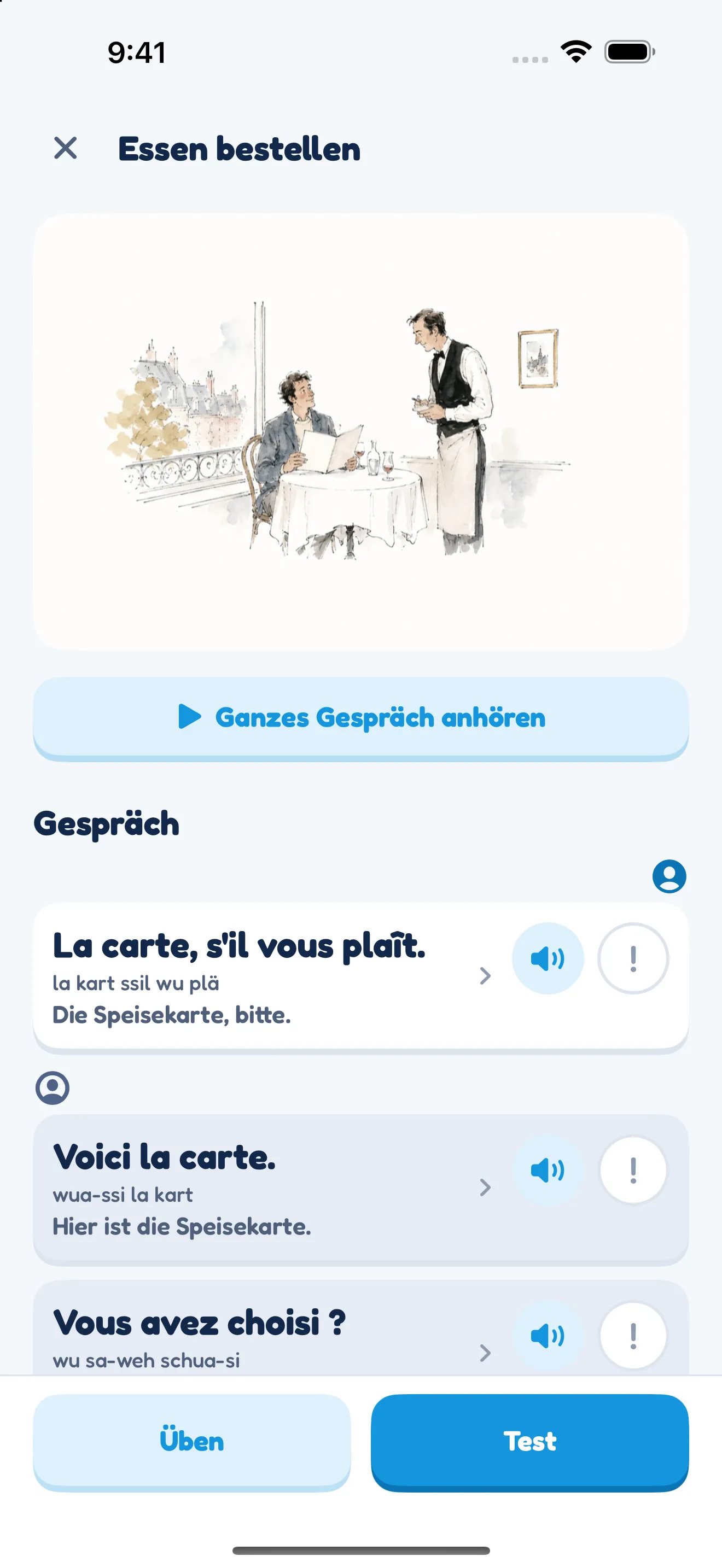 Ein Gespräch in der App, Essen bestellen: jede französische Zeile mit Aussprachehilfe und deutscher Übersetzung