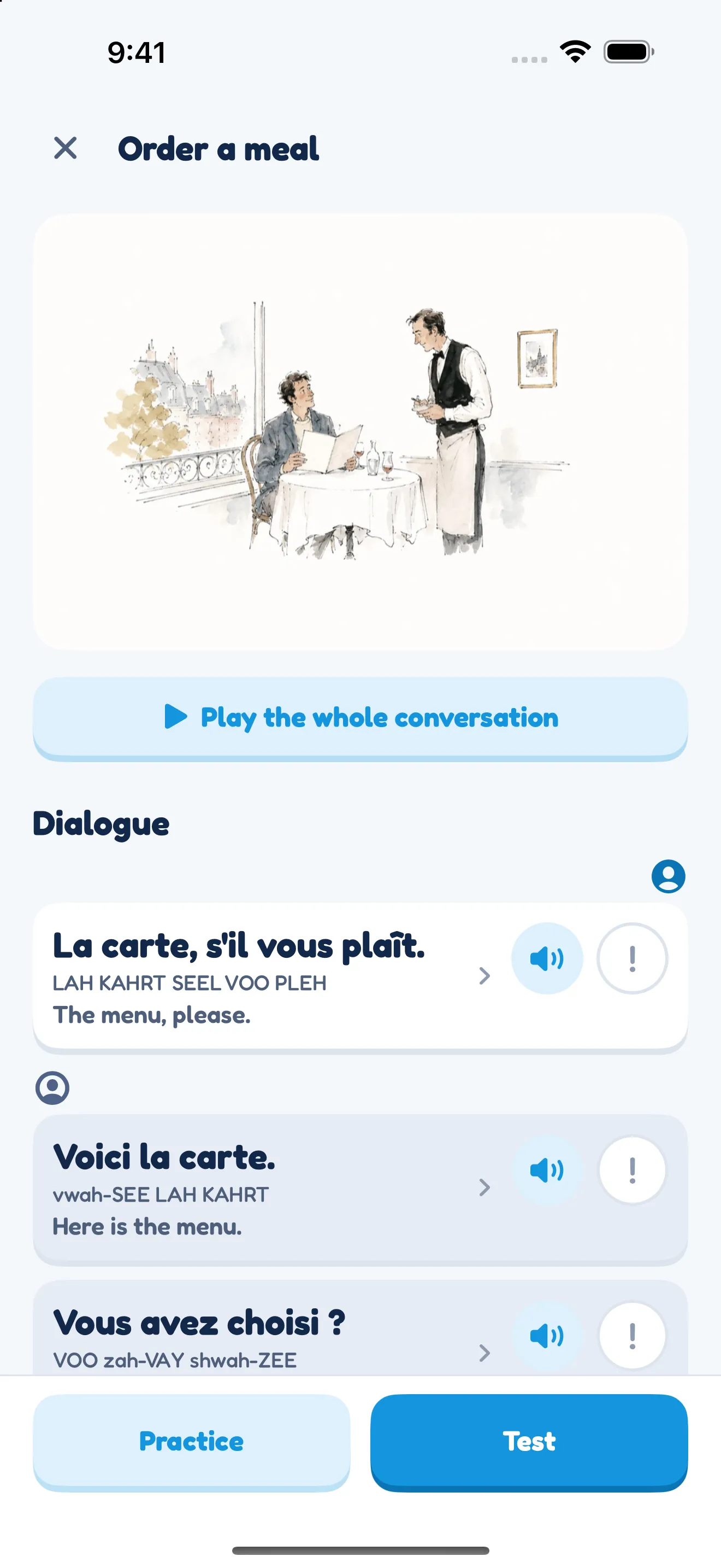A conversation in the app, Order a meal: each line in French with its pronunciation and English