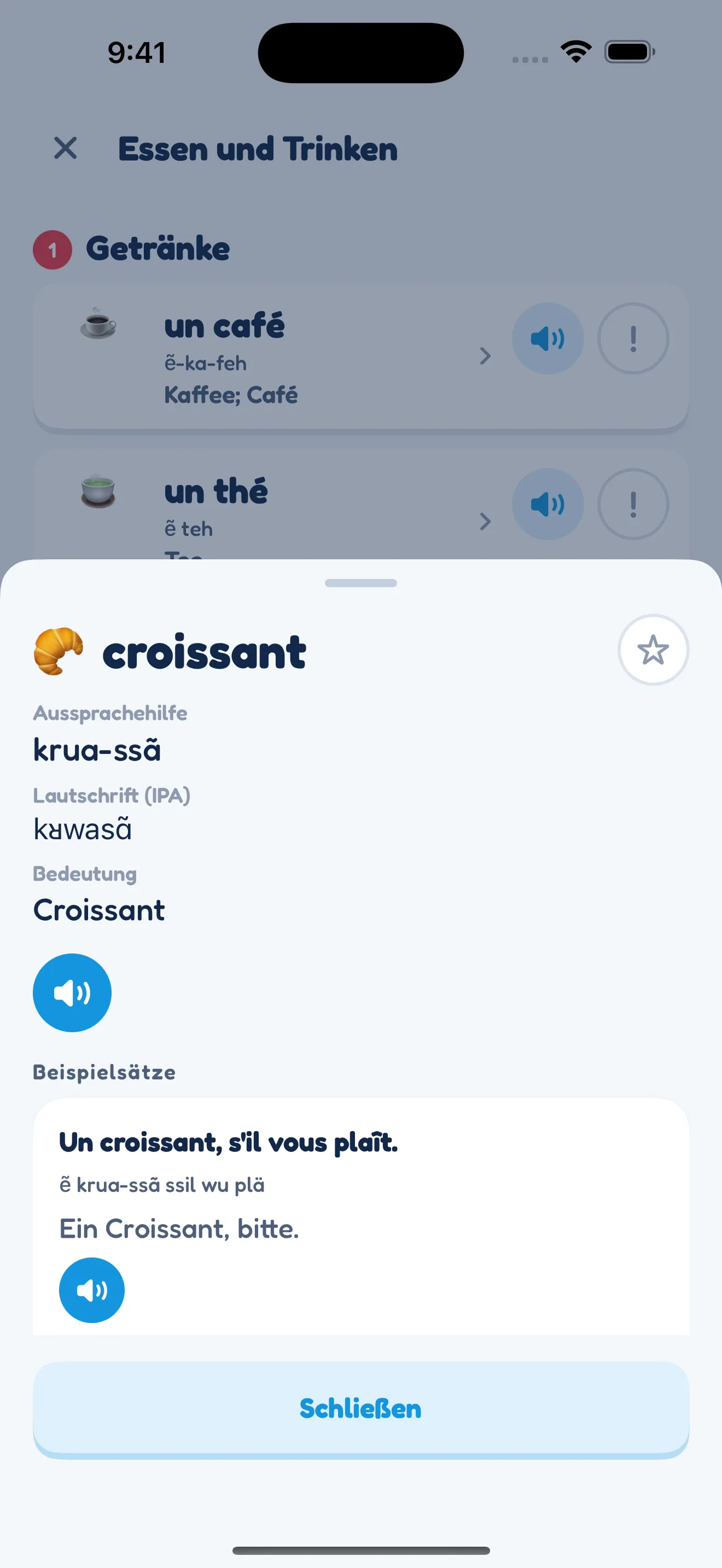 Eine Worterklärung in der App: croissant mit Aussprachehilfe, Lautschrift, Bedeutung und Beispielsatz