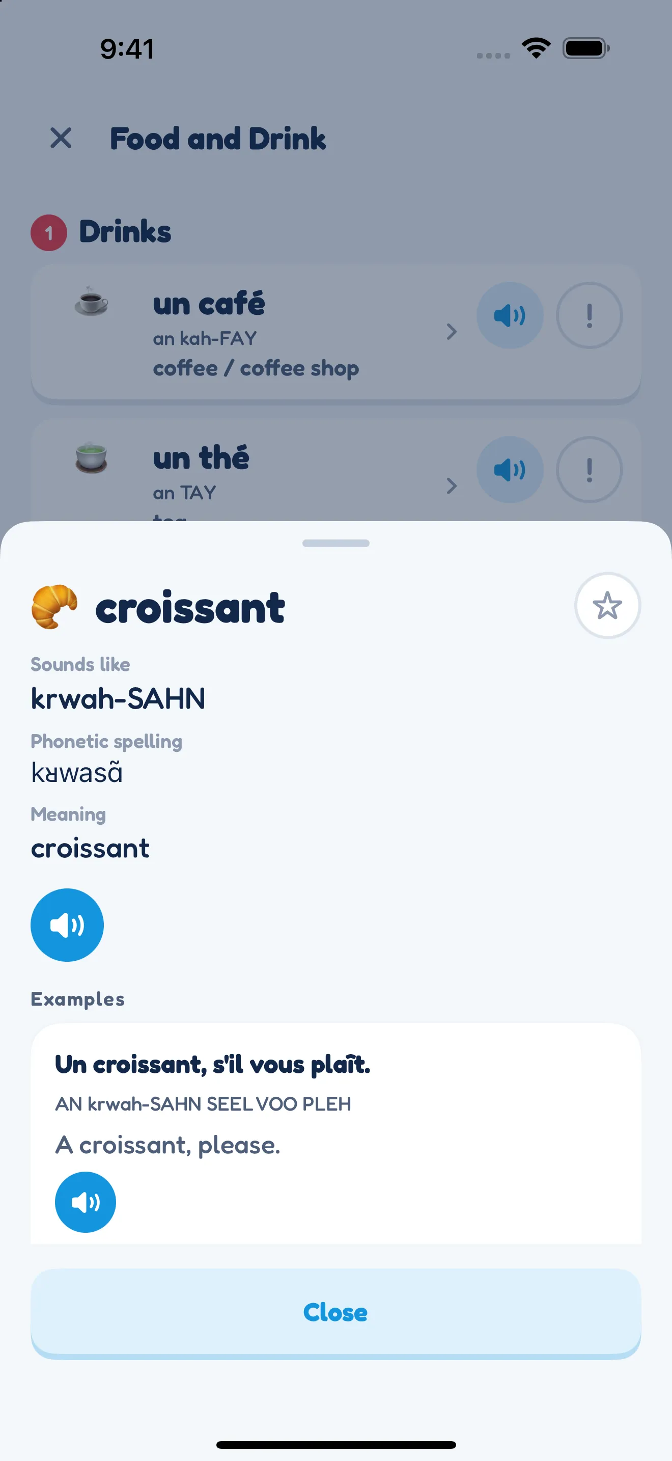 A word explanation in the app: croissant, with how it sounds, its phonetic spelling, its meaning and an example sentence