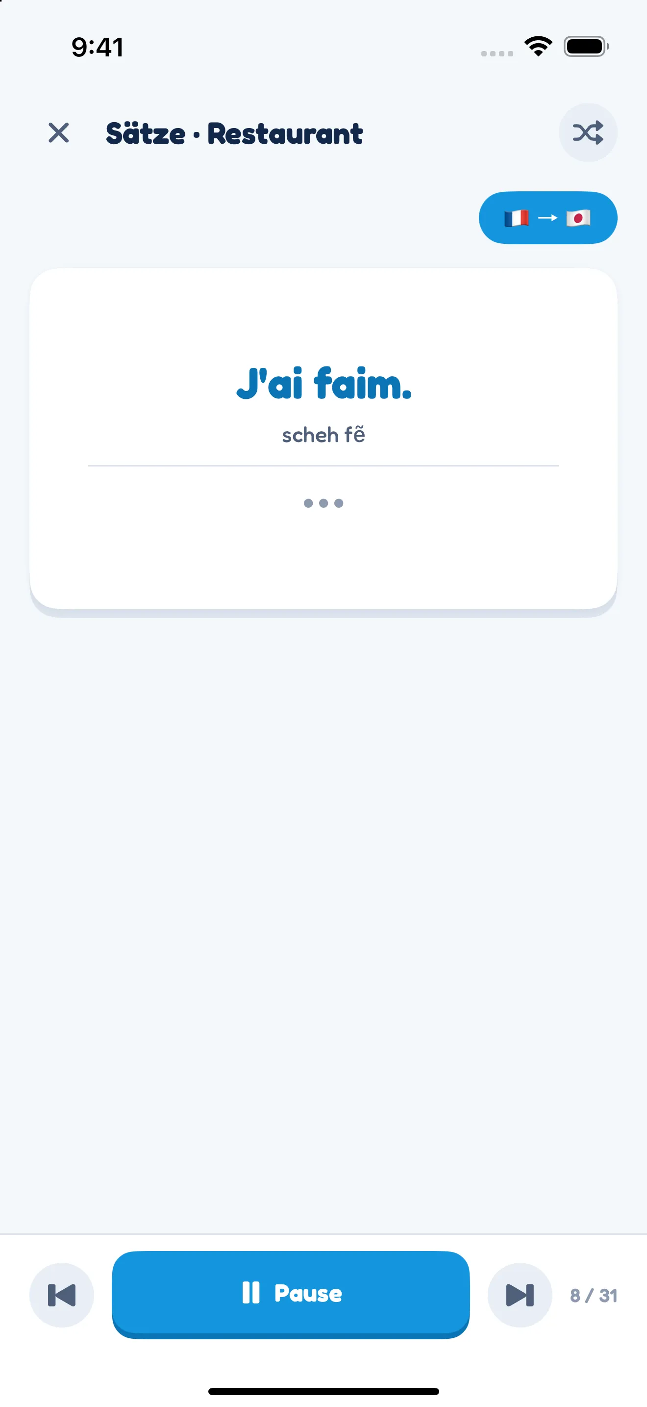 Die automatische Wiedergabe in der App: J’ai faim. mit Aussprachehilfe