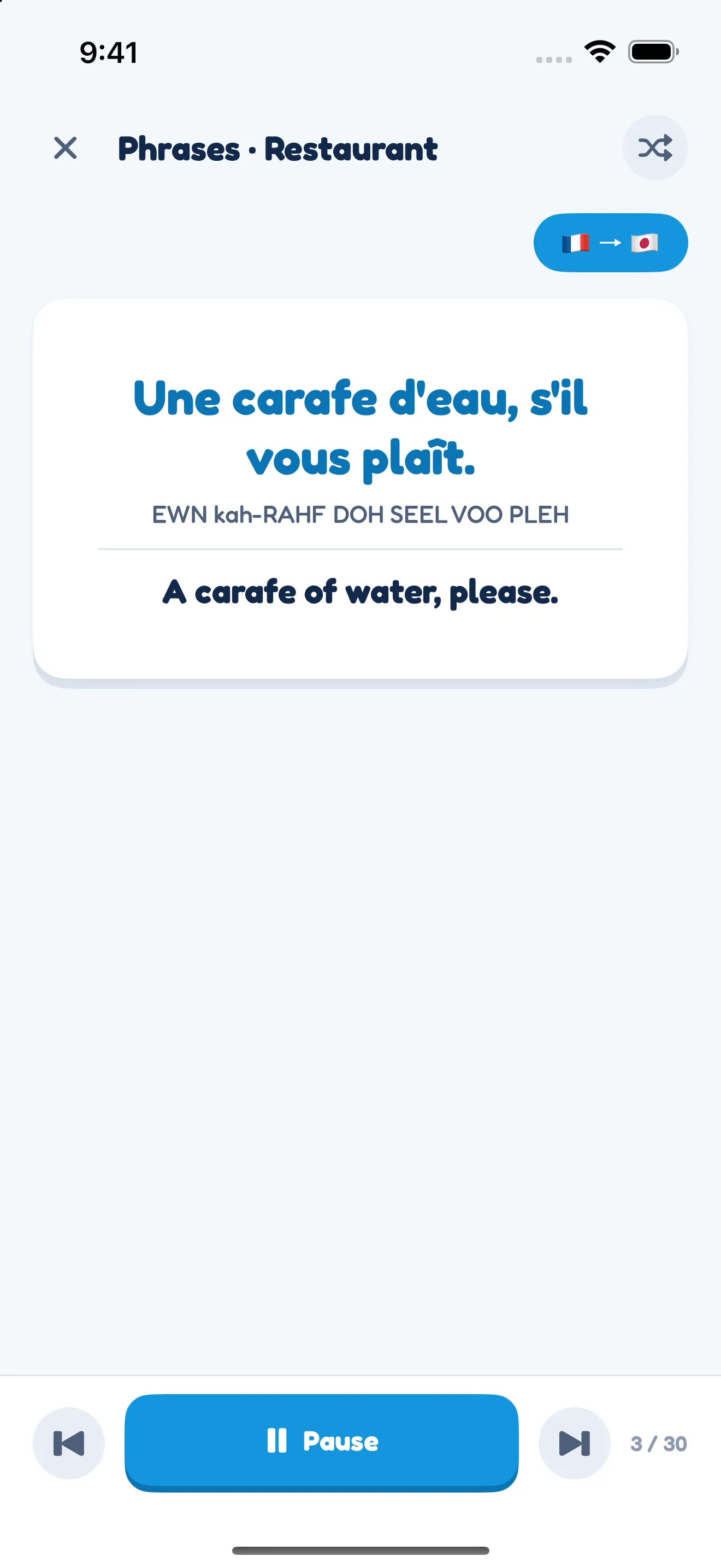 Automatic playback in the app: Une carafe d’eau, s’il vous plaît, with its pronunciation and English